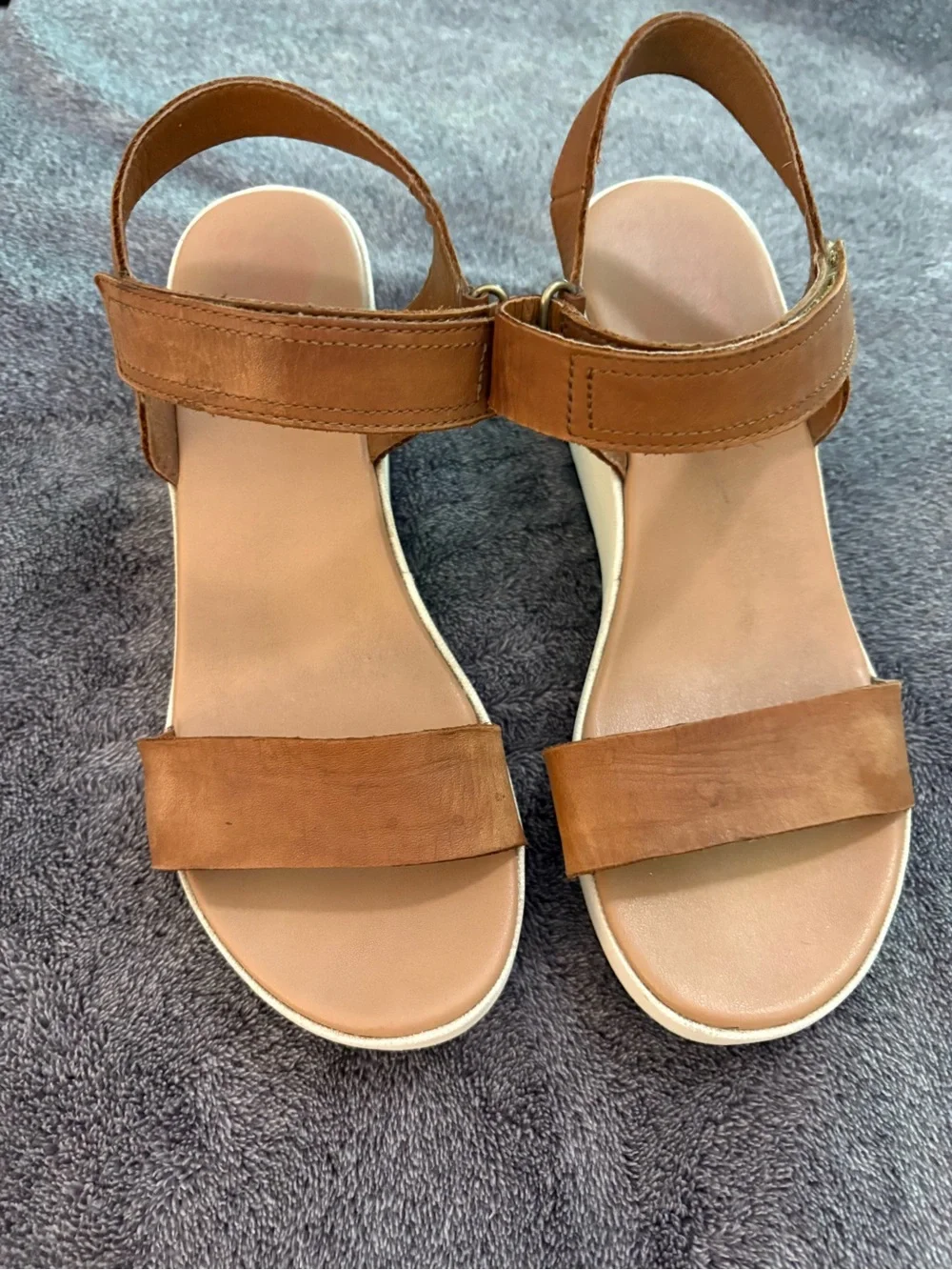 Sorel Cameron White Platform Tan Leather Multi Strap Wedge Sandals sz 8.5